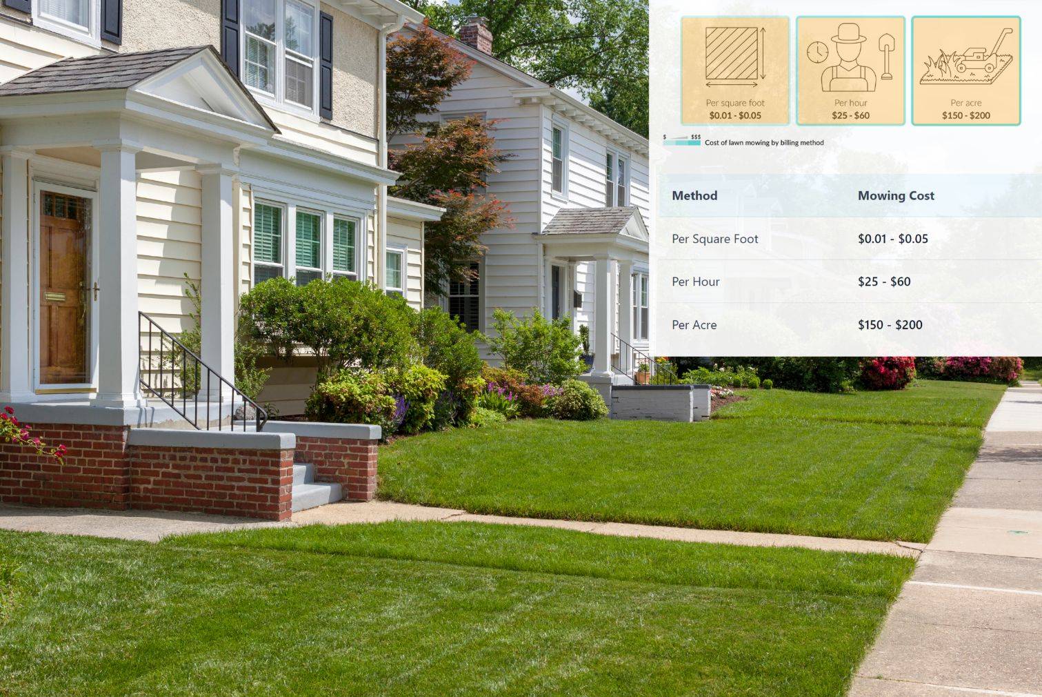 An image showing a well-manicured lawn with a price tag indicating the cost of lawn care-including how much does lawn care cost